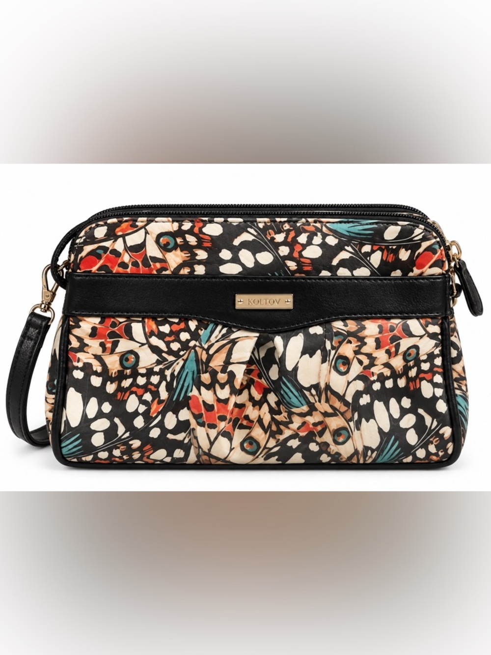 Koltov Butterfly Pattern Triple-Zip Crossbody or Clutch – Boho Style